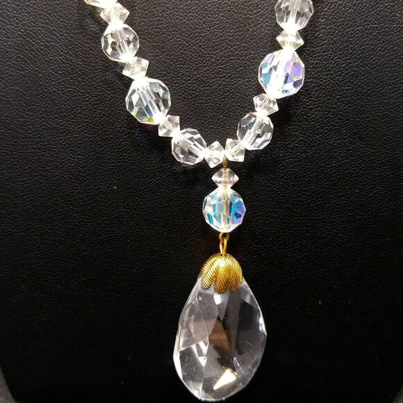 AB Crystal Beaded Necklace, Aurora Borealis 22" Clear Crystal Teardrop Pendant - Picture 2 of 10